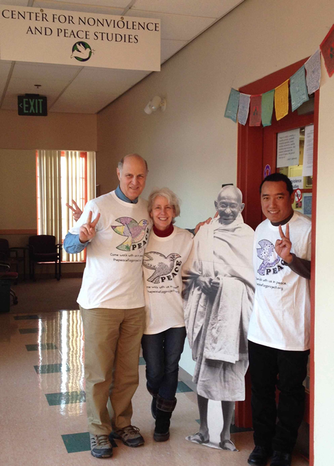 Paul, Kay and Thupten + Gandhi wearing t-shirts